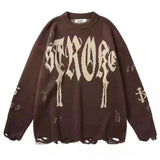 Retro Gothic Print Pullover Sweaters Women's Y2K Street Trend Ripped Sweater Couple Casual Loose Joker Sweater Coat