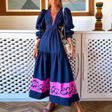 Lantern Long Sleeve Boho Party Long Dress Retro Printed Pleated Dresses Women Deep V Neck Hollow Waisted A-Line