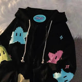 Retro Star Patchwork Zip Hoodies Women Y2k New Streetwear Loose Clothes Tops Harajuku Sweatshirts Couple Casual