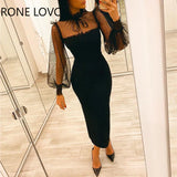Women Elegant Lantern Sleeves Turtleneck Mesh Patchwork Edible Tree Fungus Bodycon Midi Formal Party