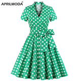Dot Printed Cotton Green Party Vintage Rockabilly Dress With Belt Short Sleeve Retro 50s 60s Midi Pin Up Tunic