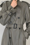 Spring Autumn Long Gray Pu Leather Trench Coat for Women Raglan Sleeve Belt Runway Luxury Designer European Fashion