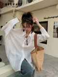 Ulzzang Ruched Oversized Baggy Shirt For Women Spring 2022 Green Button Up Shirt Blouse Long Sleeve Top Korean