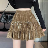 Velvet Bow Pleated Mini Skirt- Outfit