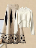 Warm Knitwears Two Piece Set For Women Outfit Korean Off The Shoulder Knitted Sweater+high Waist Patchwork Skirt Set
