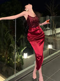 Summer Sexy Sequin Wedding Party Slim Dress Women Elegant Burgundy Bodycon Sleeveless Satin Vestidos Birthday