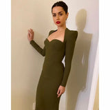 Autumn Women Long Sleeved Bandage Dress Sexy V Neck Green Black Bodycon Celebrity Evening Club Midi Party Dress