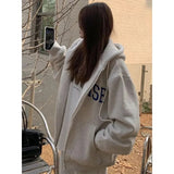 Streetwear Zip Up Hoodies Women Oversized Letter Print Sweatshirt Harajuku Korean Plus Fleece Thick Casual All Match