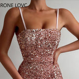 Women Sexy Elegant Sequins Cami Spaghetti Strap Small Silt Mini Bodycon Sexy Party