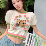 Aesthetic Cat Embroidery Knitted Crop Tops Japan Kawaii Woman Tshirts Retro Puff Sleeve Sexy Girls Streetwear Summer