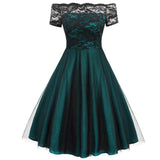 Women Vintage Lace Dress Red Black Green Slash Neck Tulle Midi Chic Retro Gothic 50s Jurken Swing Party