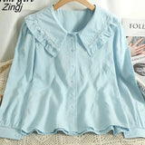 Lace Lapel White Shirt Cute Peter Pan Collar Green Blouses Women Vintage Elegant Office Long Sleeve Blusas Female