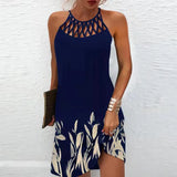 Autumn Halter Neck Leopard Mini Dress Sexy Vintage Vestidos De Fiesta Patchwork Print Sleeveless Beach Casual Dress