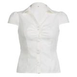 Solid Color Button Down Short Sleeve BlouseOutfit