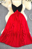 Women Spaghetti Strap Beach Long Dress Sexy V-Neck High Waist Ruffle Patchwork Pleated Maxi Robe Female Vacation 2023