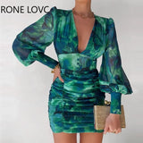 Women Chic Plunge Ruched waistband button Puff Lantern Sleeve Abstract Mini Bodycon Print
