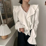 Zingj Update Chic Fall French Temperament V Neck Flounce Horn Sleeve Design Sense Versatile Shirt Top-Outfit