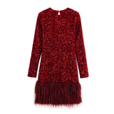 Women's Clothing Spring 2025 New Glit Decorative Feathers Spliced Long-Sleeved Mini