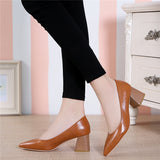 Heels Pointed Toe Pumps Shoes Women Leather Med Heels V Mouth Casual Office Lady OL Shoes 5 cm