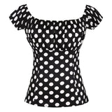 Retro Vintage 50s Tops Black Summer Short Sleeve Polka Dot Printed Cotton Shirts Slash Neck Pin Up Casual Women's