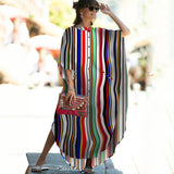 Causal Striped V-neck Button Front Open Summer Beach Dress Blue Tunic Women Plus Size Clothes Maxi Dresses