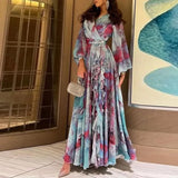 Women Casual Swing Boho Dresses Vintage Tie-dyed Printed Chiffon Dress Fashion V-neck Lantern Sleeve Holiday Long