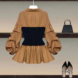 Women Puff Long Sleeve Patchwork Fake Two Piece Blouse For Women Turn Down Collar High Waist Shirt Office Ladies