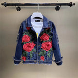 Spring Autumn New Women's Embroidery Red Rose Short Denim Jacket Coat Hole Long Sleeve Skinny Dark Blue Jeans