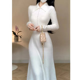 White Knitted Dresses for Women 2023 Autumn Winter Korean Fashion Slim A-line Long Sleeves Sweater Casual Female