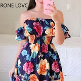 Women Chic Slash Collar Short Butterfly Sleeves Floral Print Ruffle Hem Sexy Maxi A-line Party