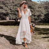 Queens Women Solid Floral Short Sleeve Beach Slim Bohemian Maxi Dress Ladies V-neck Boho Sundress