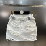 Metal Buckle Backless Halter Tank Top Slim Short Denim Skirt Ripped Holes Belt Denim Two Piece Set Women Outfits