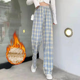 Fashion Winter Warm Plush Plaid Pants Women Casual Loose Wide Leg Trousers Korean Streetwear Straight Student Pants