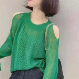 Autumn Solid Hollow Out Sexy Off Shoulder Sweaters Ladies Long Sleeve Loose Casual Knitting Pullover All-match Top