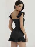 Sexy Off Shoulder Strapless Mini Dress Women Robe Black Sleeveless Backless Ruffle Bodycon Party Club Dress