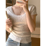 Lace Trim Floral Short Sleeve TeeOutfit