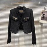 2022 Autumn Long Sleeve Rhinestone Pins Cardigans Tweed Jacket Bright Silk Shorts Two Piece Set Women Outfits