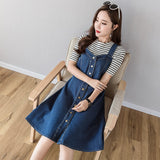Large Size S-5XL Women Denim Dress Summer High Waist Single Breasted Blue Jeans Suspenders Midi Dress Casual Cotton