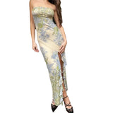 New Temperament Elegant Wind Mesh Printing Open Body Tector Dress Dress Long