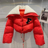 2022 Winter Long Sleeve Lambswool Sailor Collar Short Cotton Coat Women Drawstring Jacket
