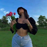 Square Collar Fashion Wave Lantern Sleeve Blouse Shirts Sexy Backless Summer Cropped Top Blouse Women Blusas