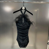 New Collection Sleeveless Halter Mesh Feathers Hollow Out Bust Halter Slim Sexy Black Bodysuits Women Romper