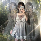 y2k Lace Frill Sundress Transparent Strap Bow Cute Sweet Mini Dress Women Party Holiday Retro Korean Chic Strap