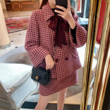 Women Elegant Vintage Houndstooth Tweed 2pcs Sets Bow Tie Double Breasted Wool Coat +Plaid High Waist Bag Hip Mini Skirt