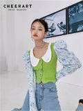 Puff Sleeve Peter Pan Collar Crop Blouse Floral Long Sleeve Korean Knitted Top High Fashion Designer Patchwork