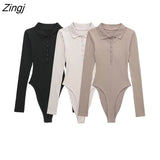 Women Simply Polo Collar Long Sleeve Buttons Slim Bodysuits Office Ladies Casual Knitting Playsuits Mujer Rompers