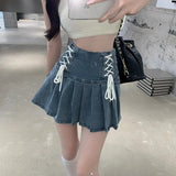 Y2K Denim Pleated Mini Skirt Women Cute High Waist Bandage A Line Skirts Retro Streetwear Slim Lace Up Casual Jeans