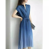 New Elegant Fashion Sexy Gradient Chic Dress Women Short Sleeve Folds Aesthetic Vestidos De Fiesta Sweet Solid Robe