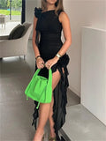 3D Flowers Patchwork Sleeveless Mini Dress 2023 Sexy Women Mesh See Through Split Irregular Hem Tassels Dress