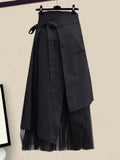 Outfits For Women 2023 Korean Casual V Neck Solid Blouse+irregular Mesh Patchwork Skirt Two Pieces Set Women Clothing